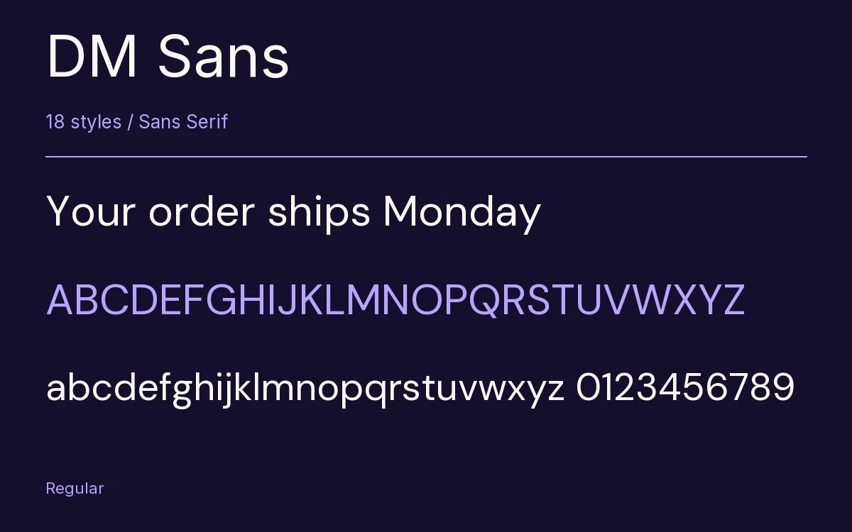 DM Sans type specimen with letters and figures