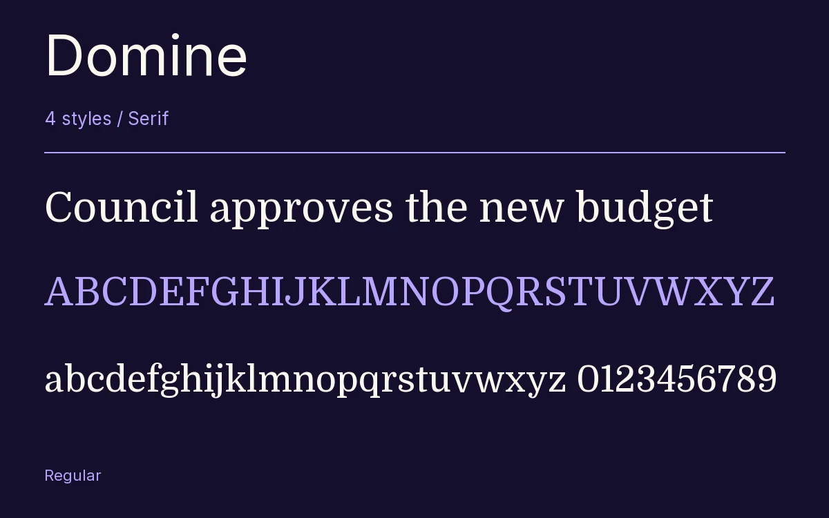Domine type specimen with letters and figures
