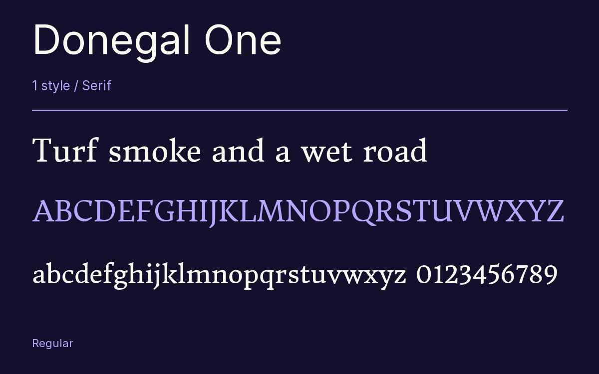 Donegal One type specimen with letters and figures