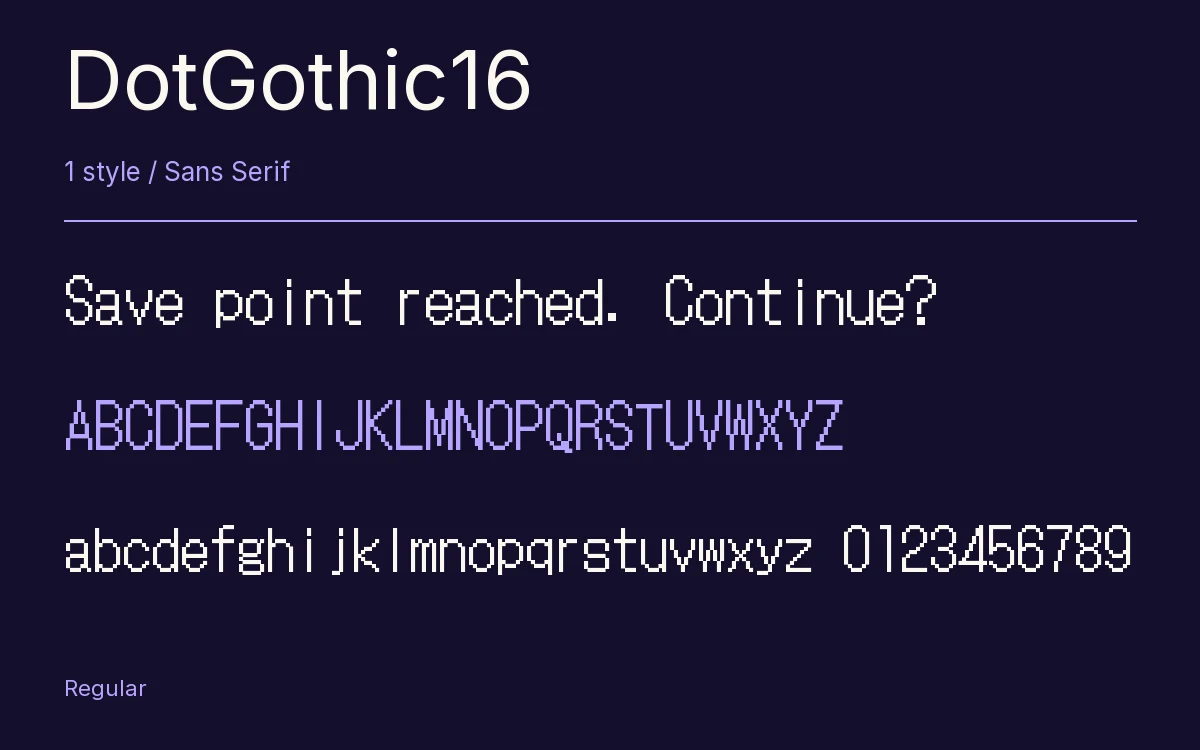 DotGothic16 type specimen with letters and figures