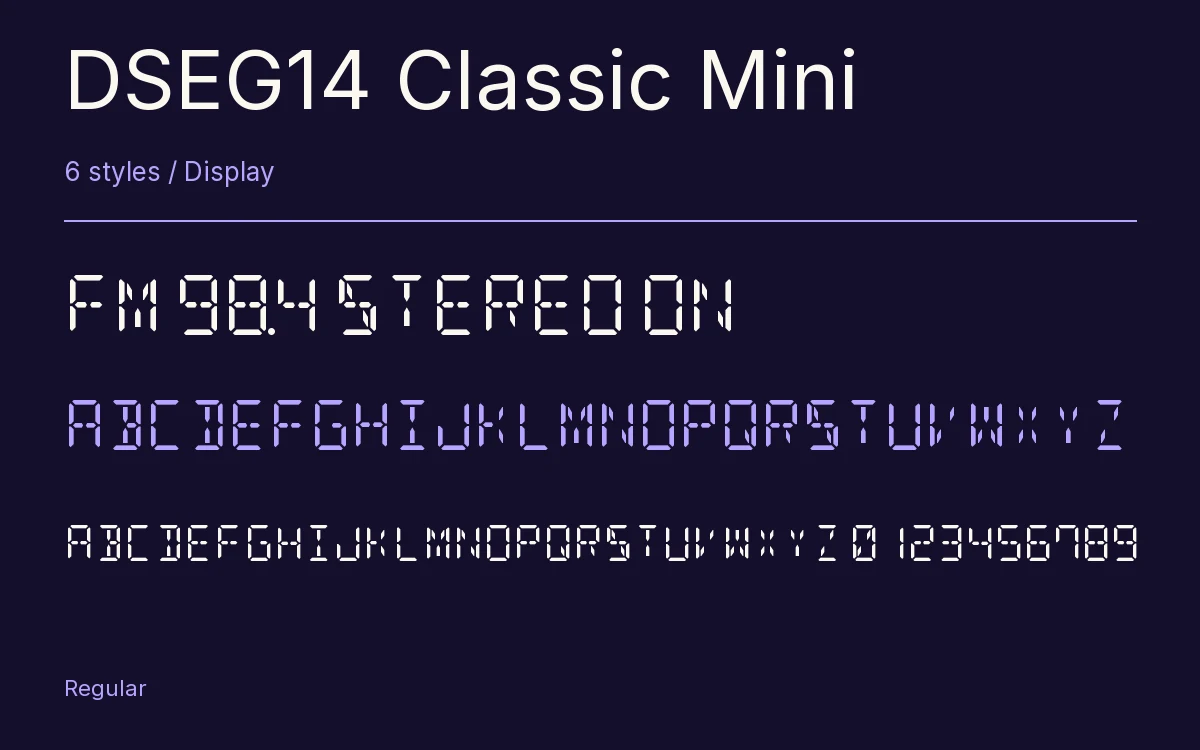 DSEG14 Classic Mini type specimen with letters and figures