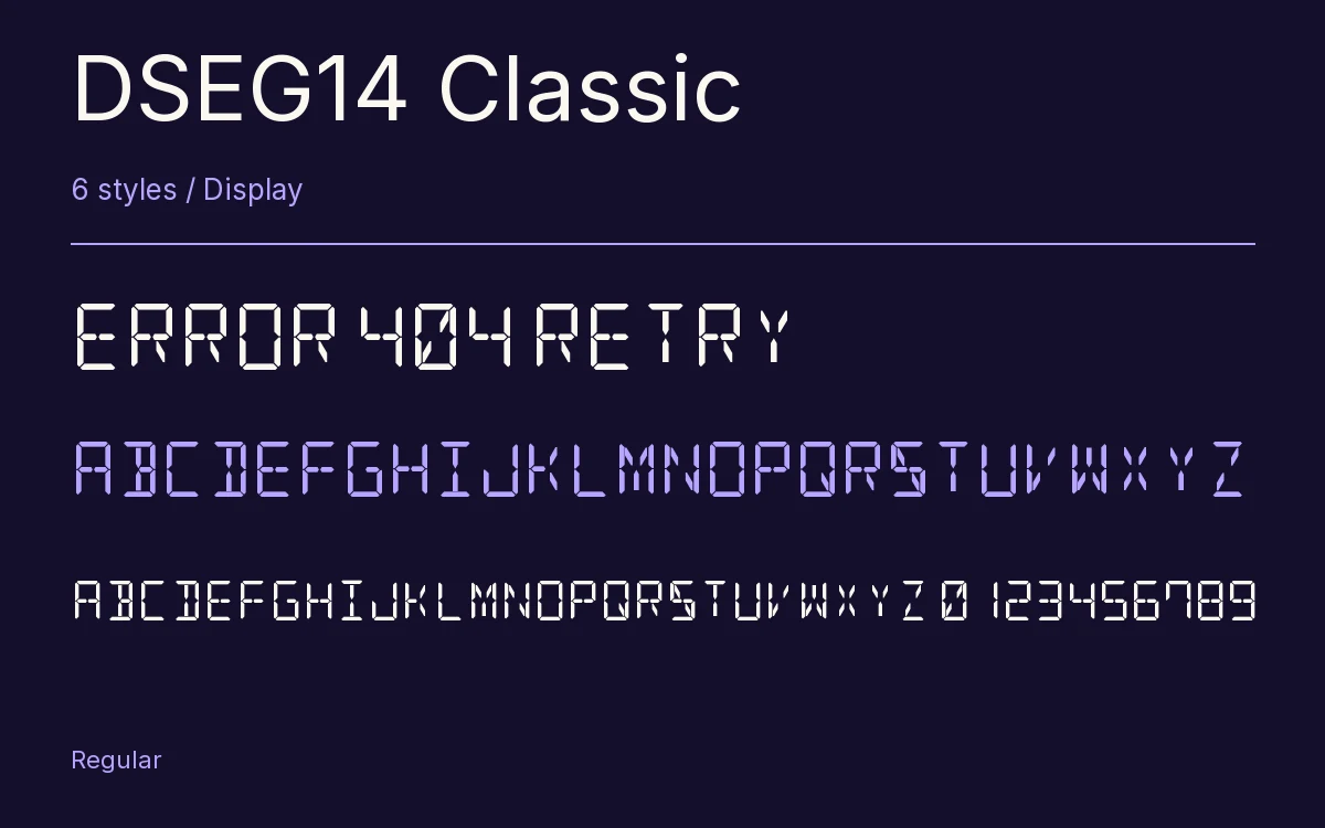 DSEG14 Classic type specimen with letters and figures
