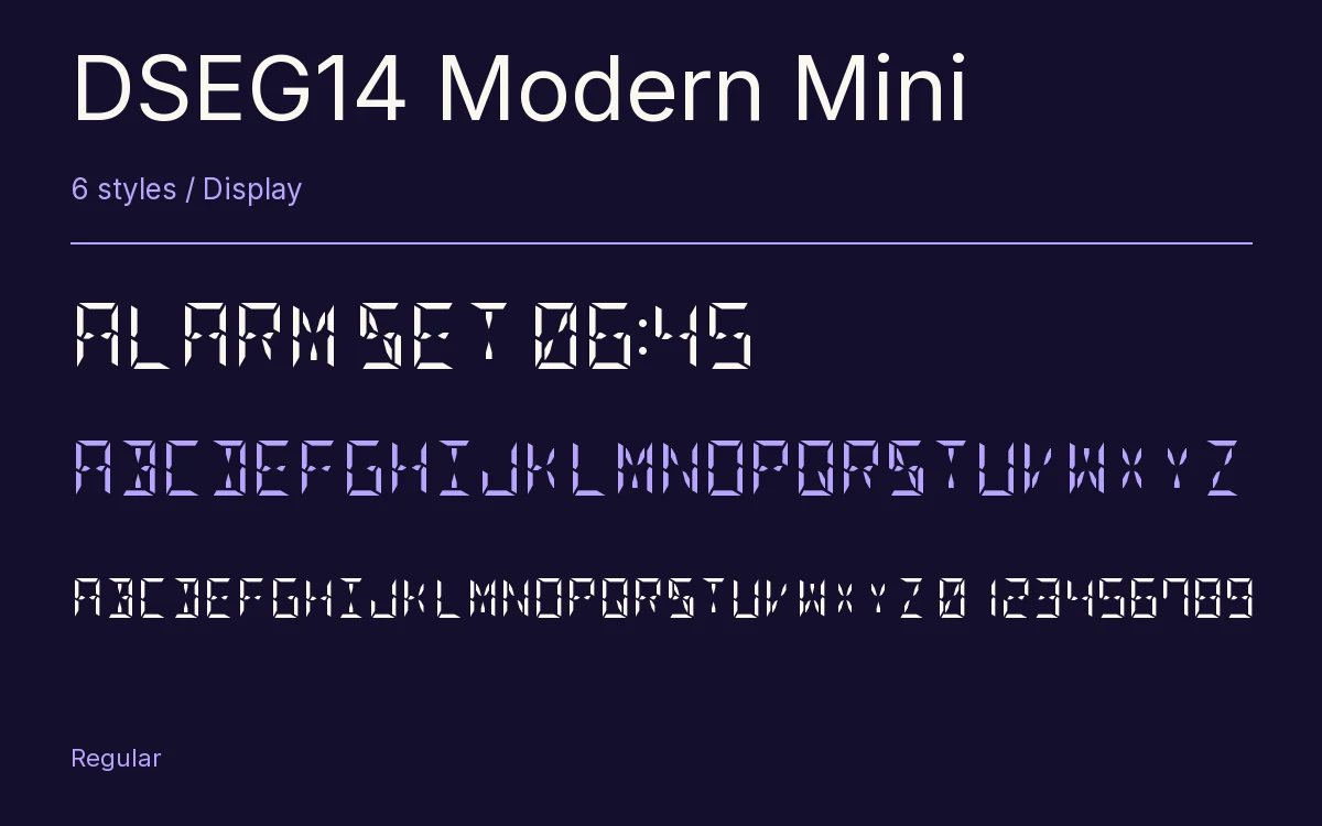 DSEG14 Modern Mini type specimen with letters and figures
