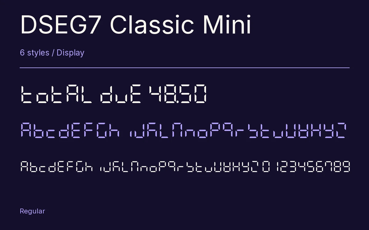 DSEG7 Classic Mini type specimen with letters and figures