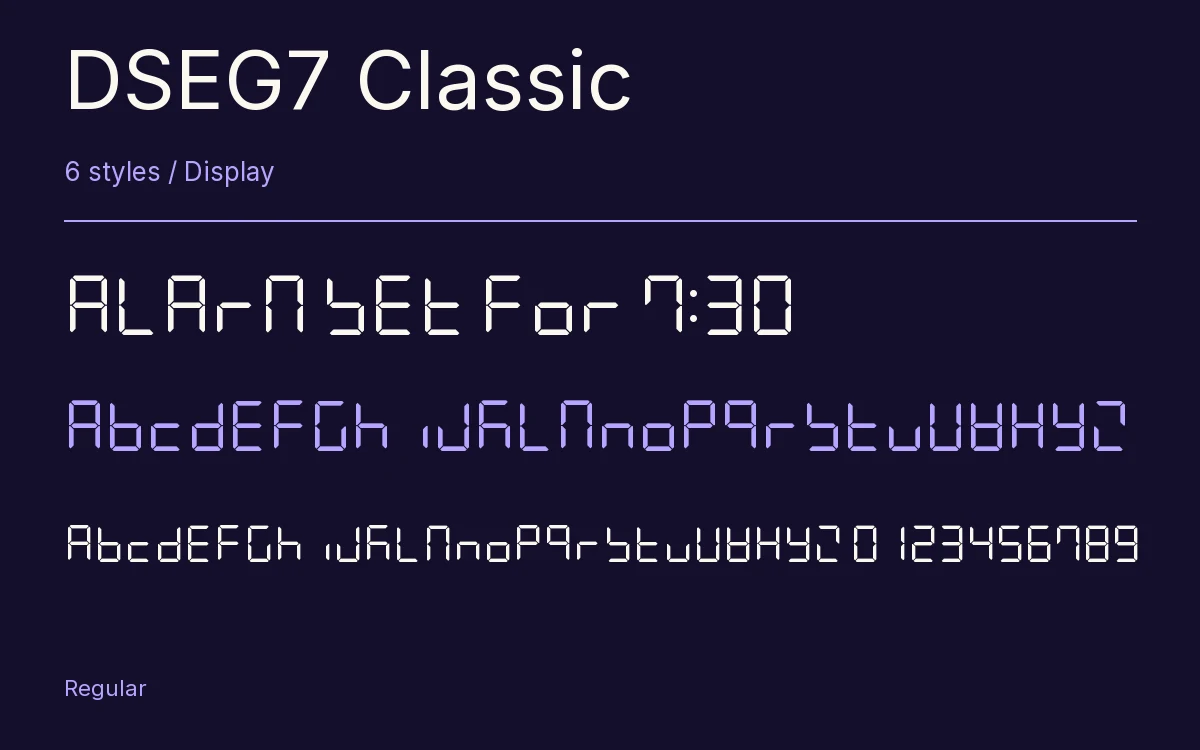 DSEG7 Classic type specimen with letters and figures
