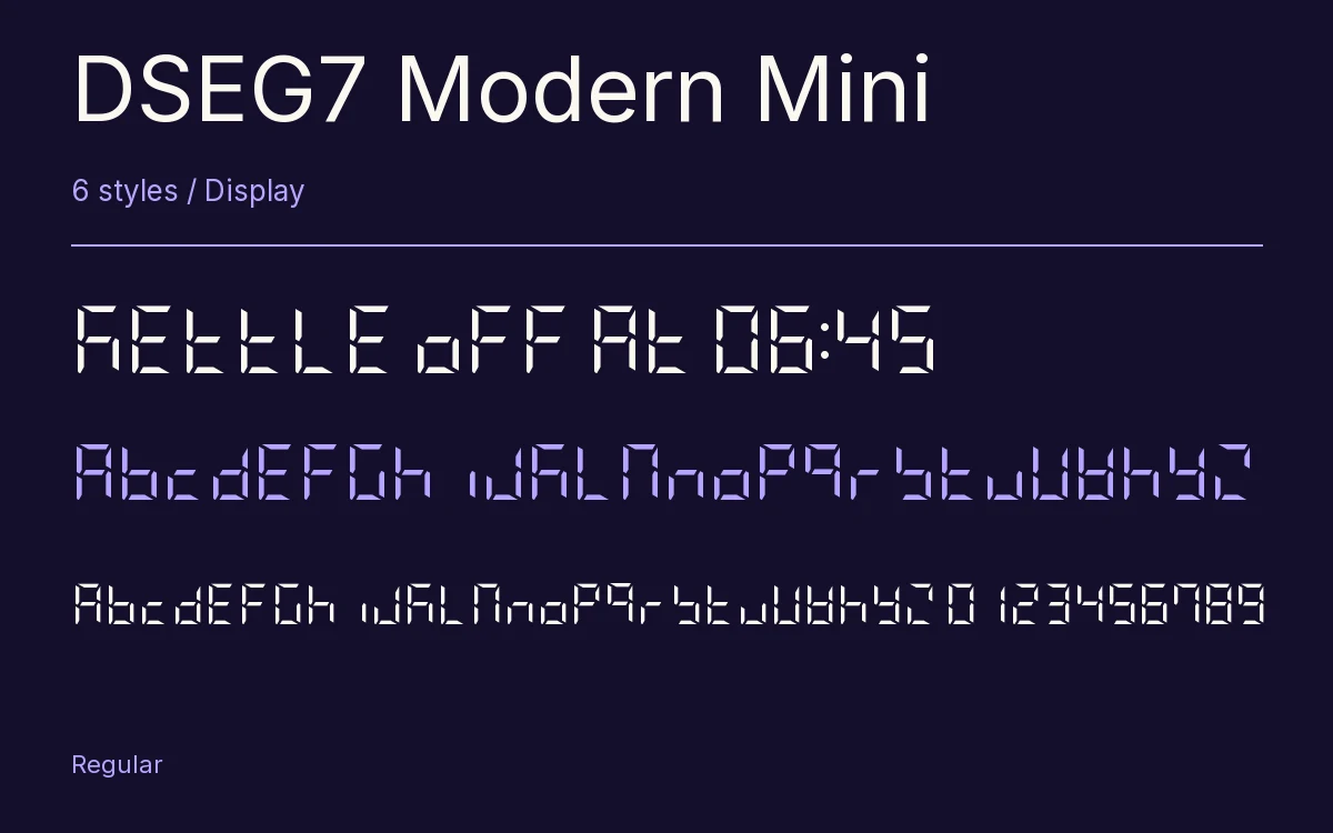 DSEG7 Modern Mini type specimen with letters and figures