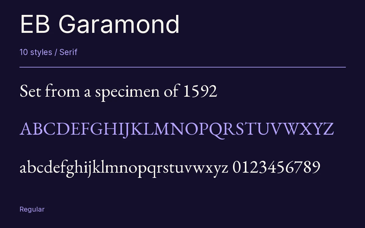 EB Garamond type specimen with letters and figures
