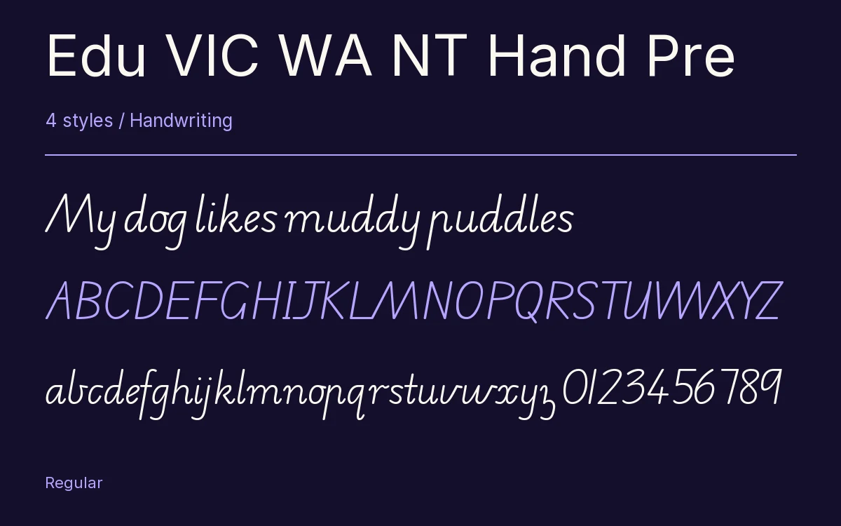 Edu VIC WA NT Hand Pre type specimen with letters and figures