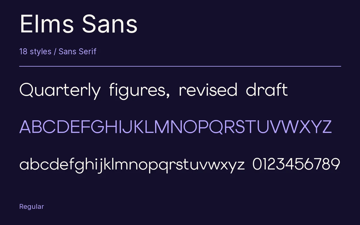 Elms Sans type specimen with letters and figures