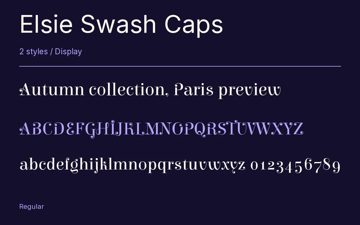 Elsie Swash Caps type specimen with letters and figures