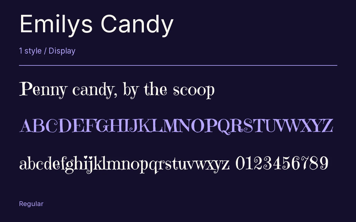 Emilys Candy type specimen with letters and figures