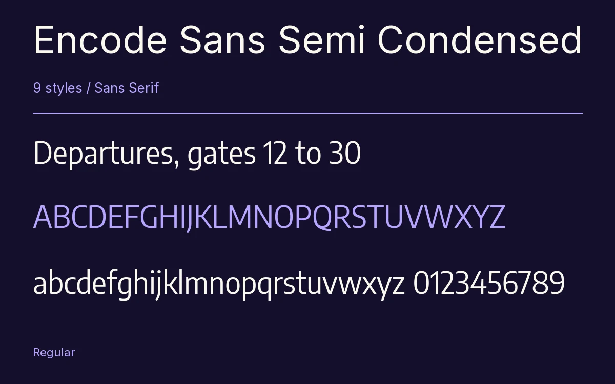 Encode Sans Semi Condensed type specimen with letters and figures