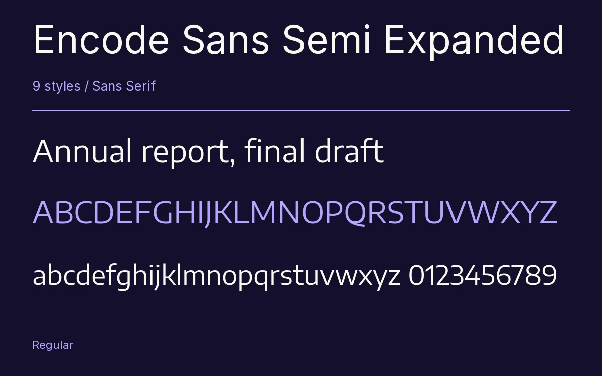 Encode Sans Semi Expanded type specimen with letters and figures