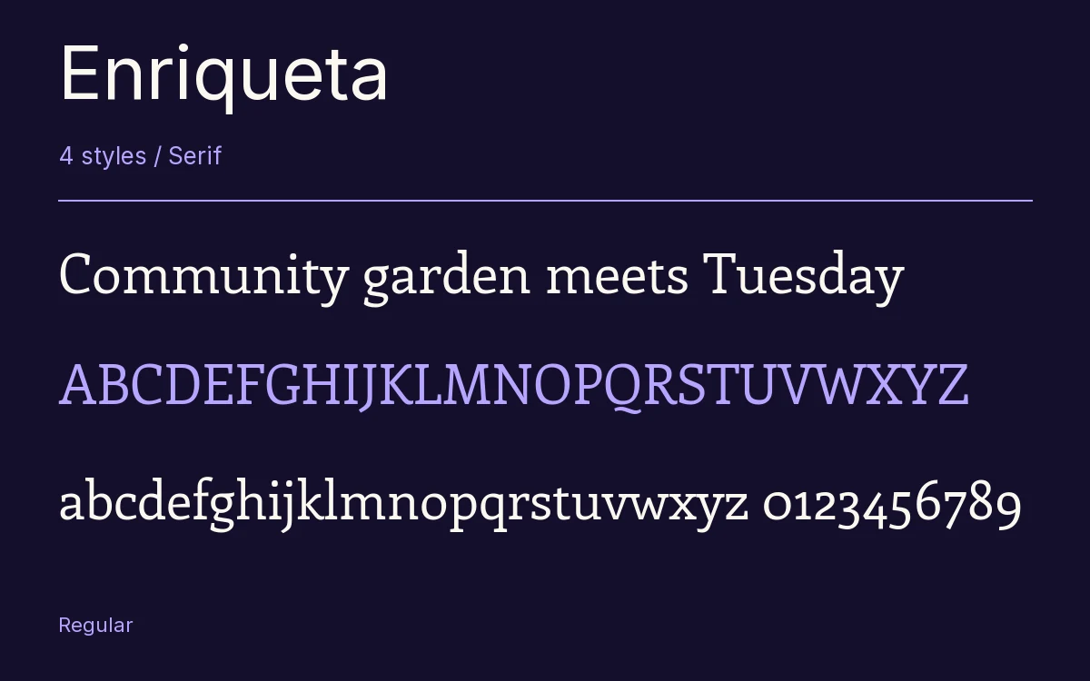 Enriqueta type specimen with letters and figures
