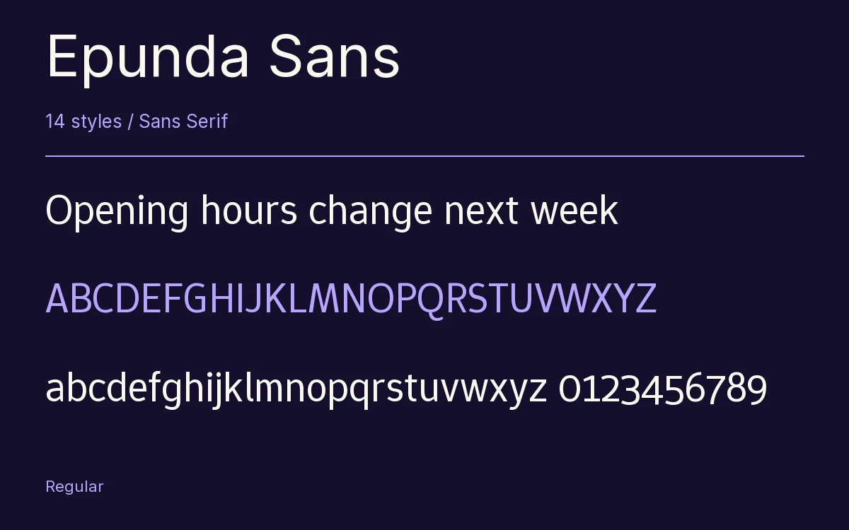 Epunda Sans type specimen with letters and figures