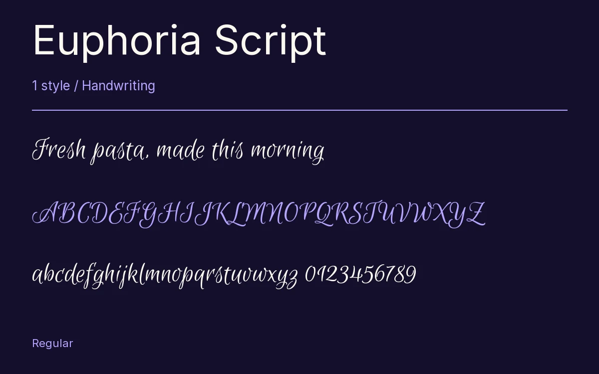 Euphoria Script type specimen with letters and figures