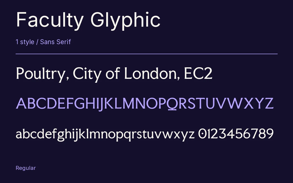 Faculty Glyphic type specimen with letters and figures