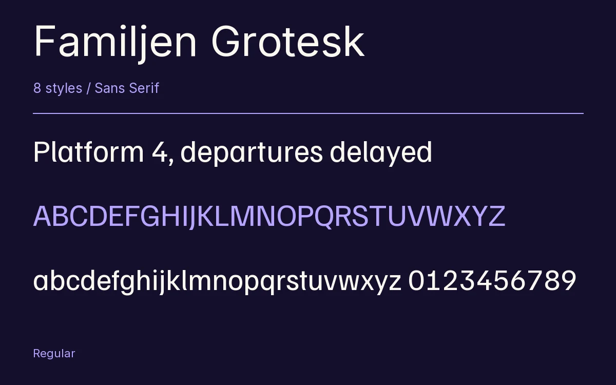Familjen Grotesk type specimen with letters and figures