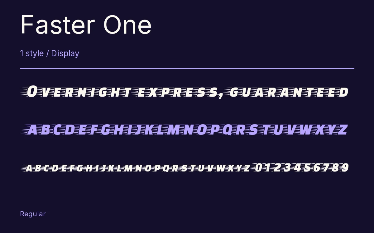 Faster One type specimen with letters and figures