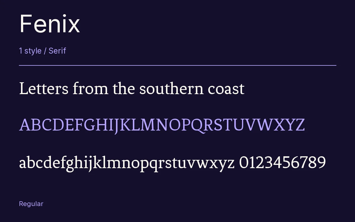 Fenix type specimen with letters and figures
