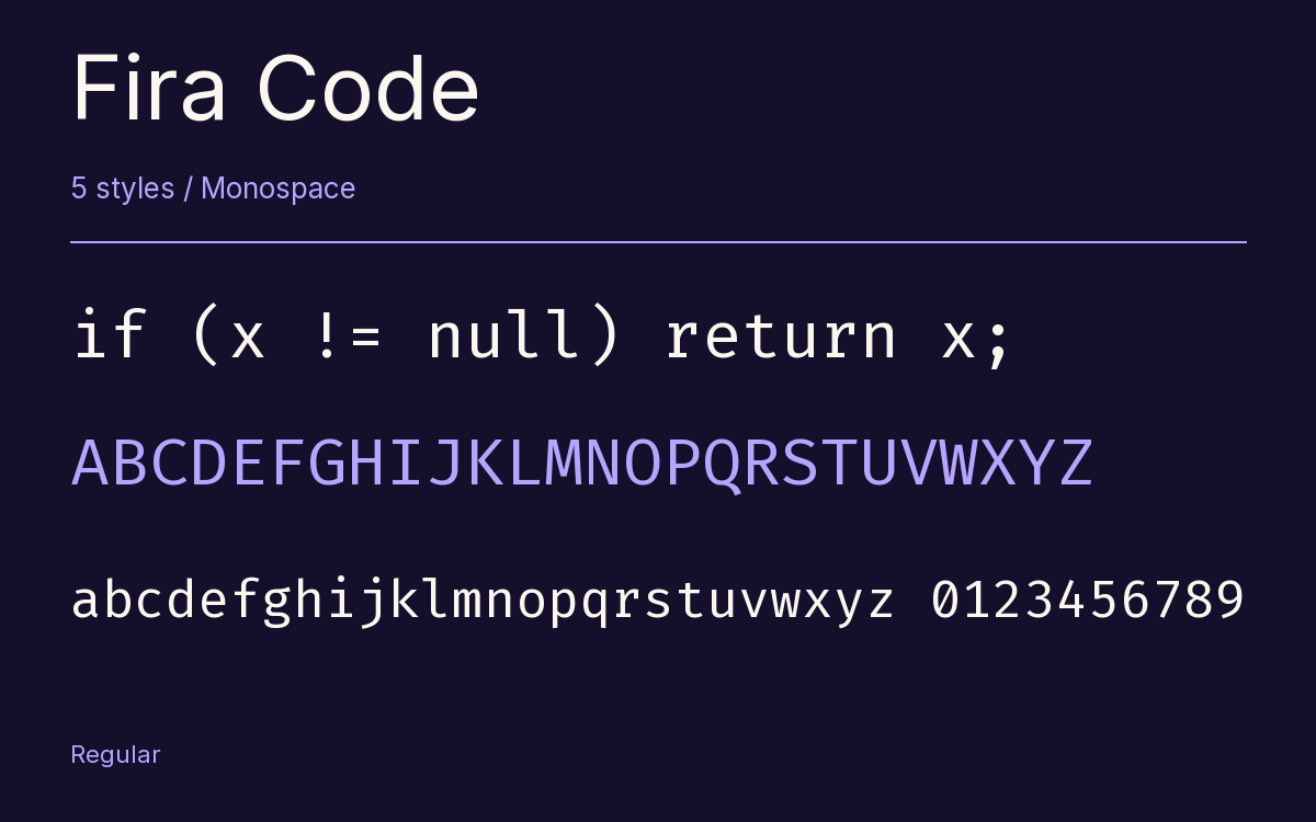 Fira Code type specimen with letters and figures