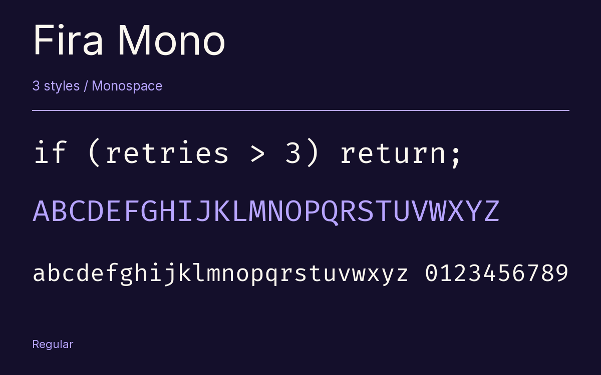 Fira Mono type specimen with letters and figures
