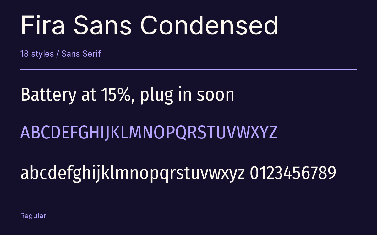 Fira Sans Condensed type specimen with letters and figures