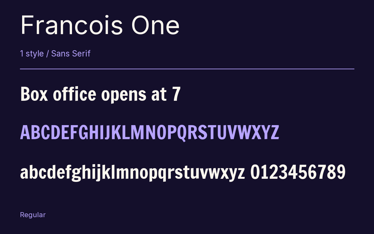 Francois One type specimen with letters and figures