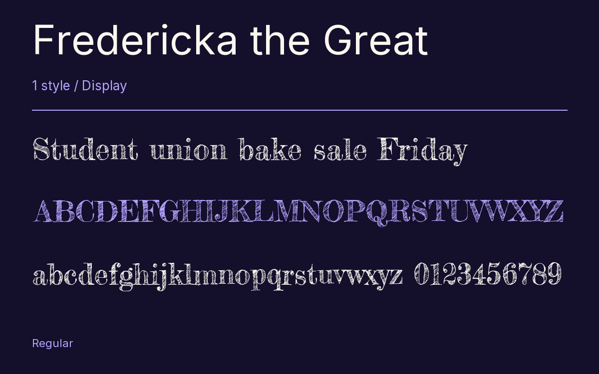 Fredericka the Great type specimen with letters and figures