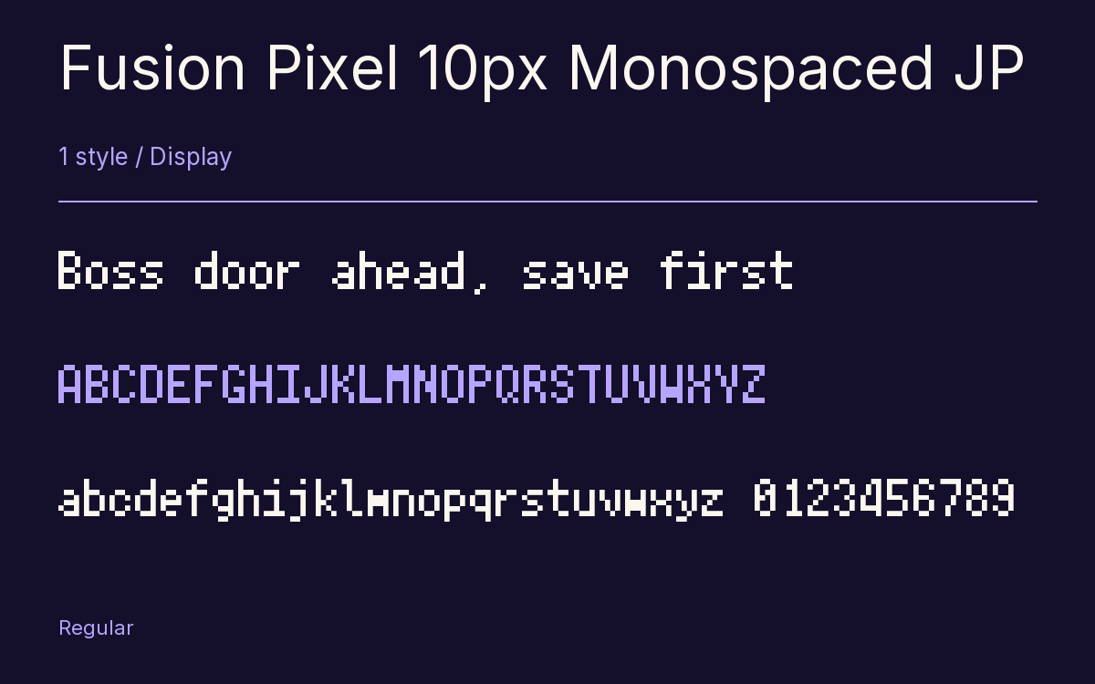 Fusion Pixel 10px Monospaced JP type specimen with letters and figures