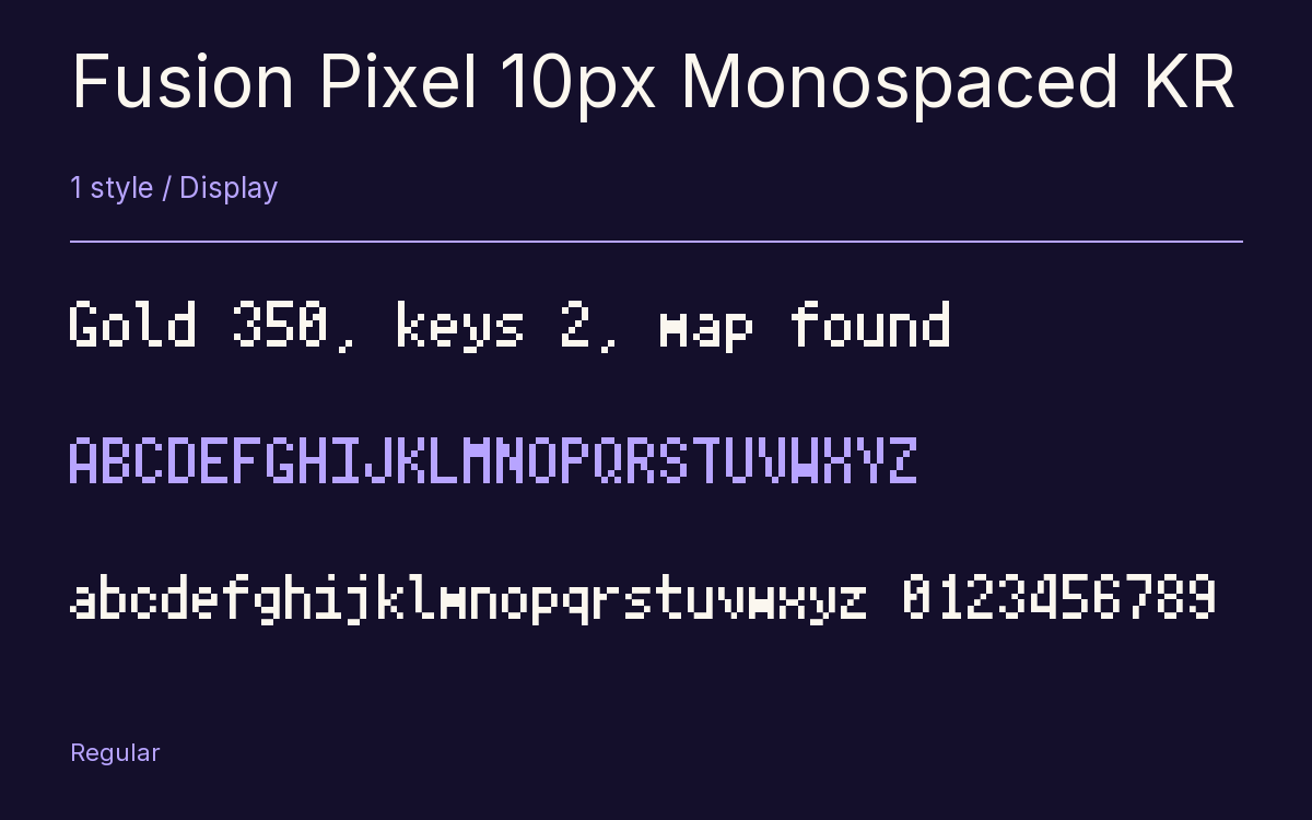 Fusion Pixel 10px Monospaced KR type specimen with letters and figures
