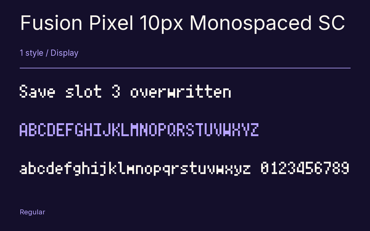 Fusion Pixel 10px Monospaced SC type specimen with letters and figures