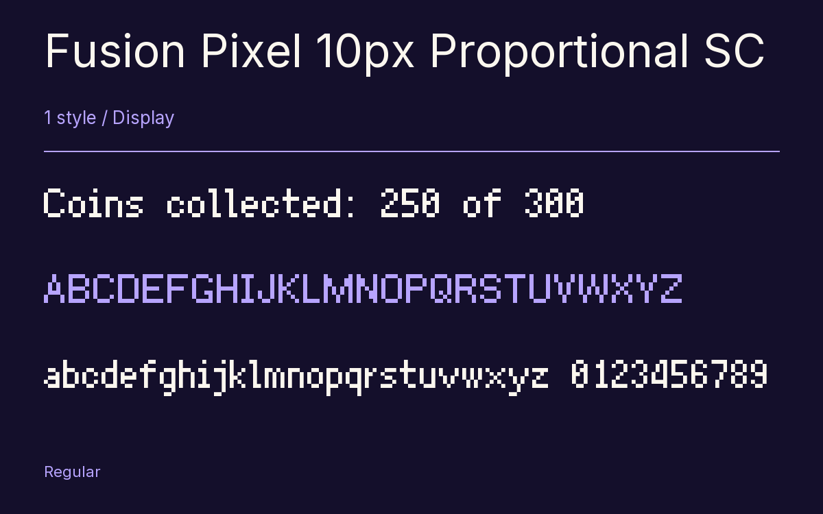 Fusion Pixel 10px Proportional SC type specimen with letters and figures