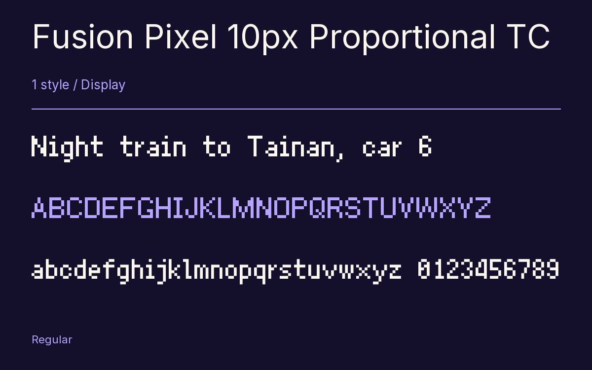 Fusion Pixel 10px Proportional TC type specimen with letters and figures