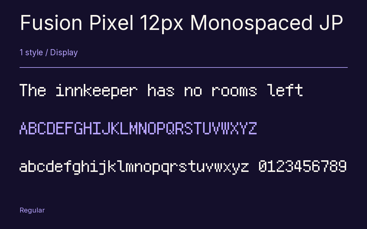 Fusion Pixel 12px Monospaced JP type specimen with letters and figures