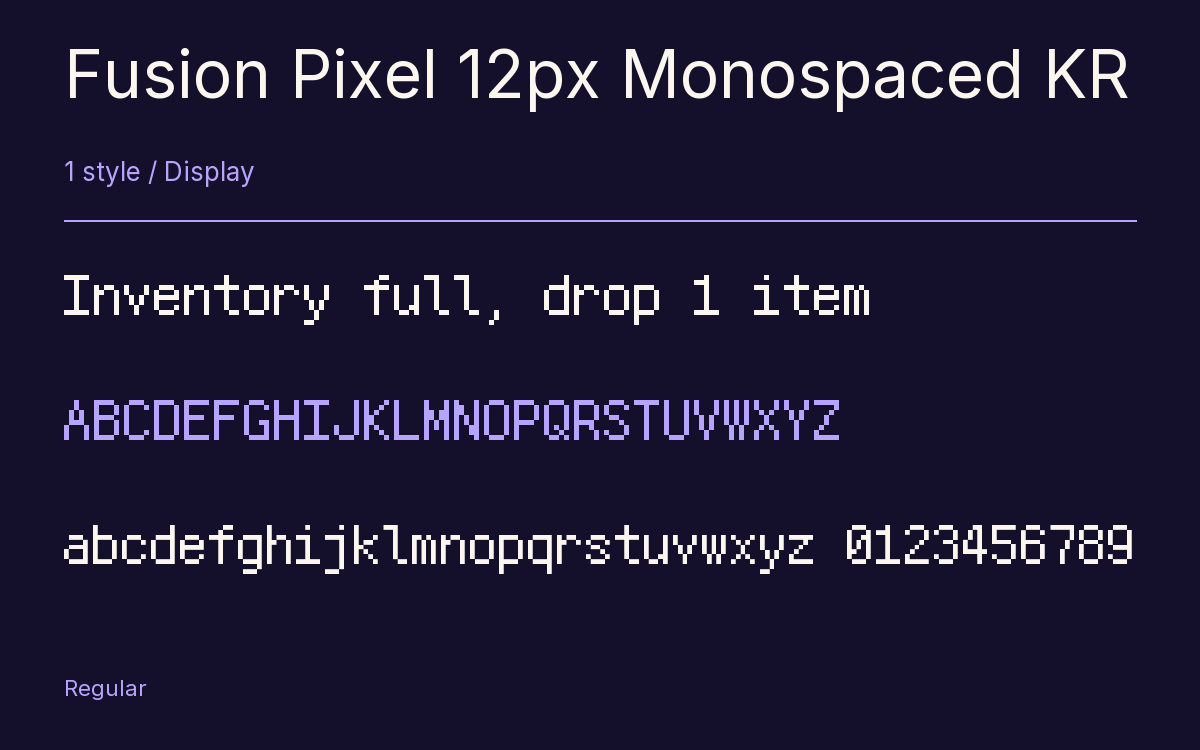 Fusion Pixel 12px Monospaced KR type specimen with letters and figures