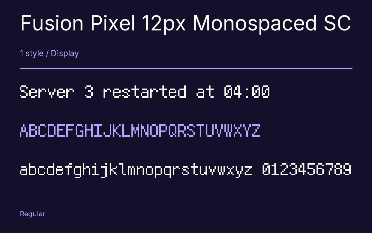 Fusion Pixel 12px Monospaced SC type specimen with letters and figures