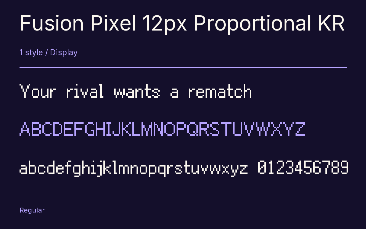 Fusion Pixel 12px Proportional KR type specimen with letters and figures