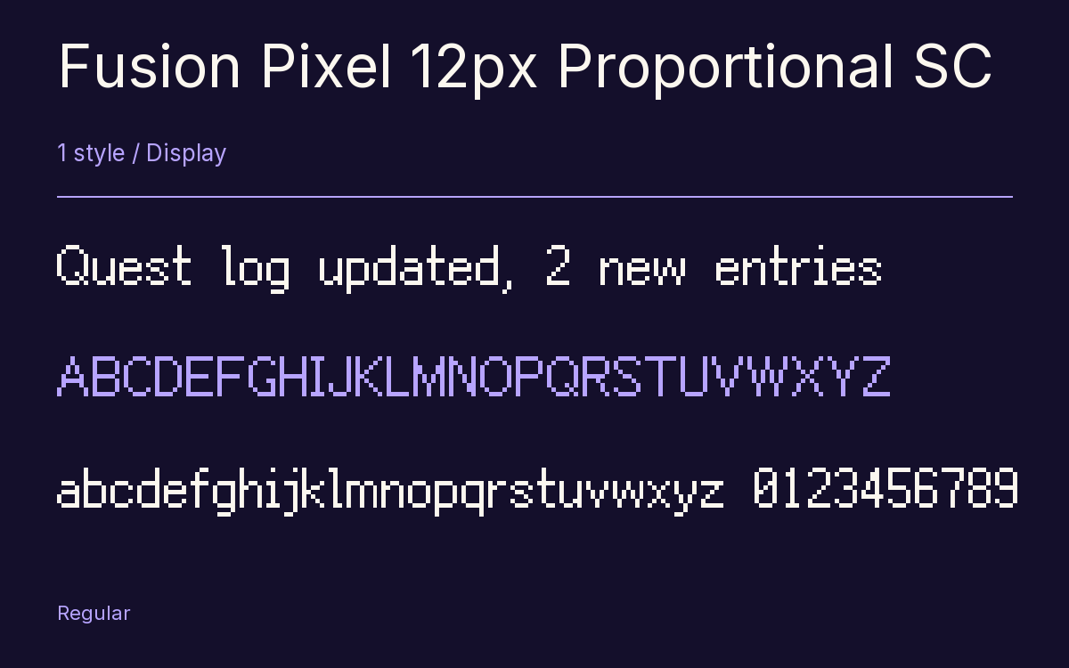 Fusion Pixel 12px Proportional SC type specimen with letters and figures