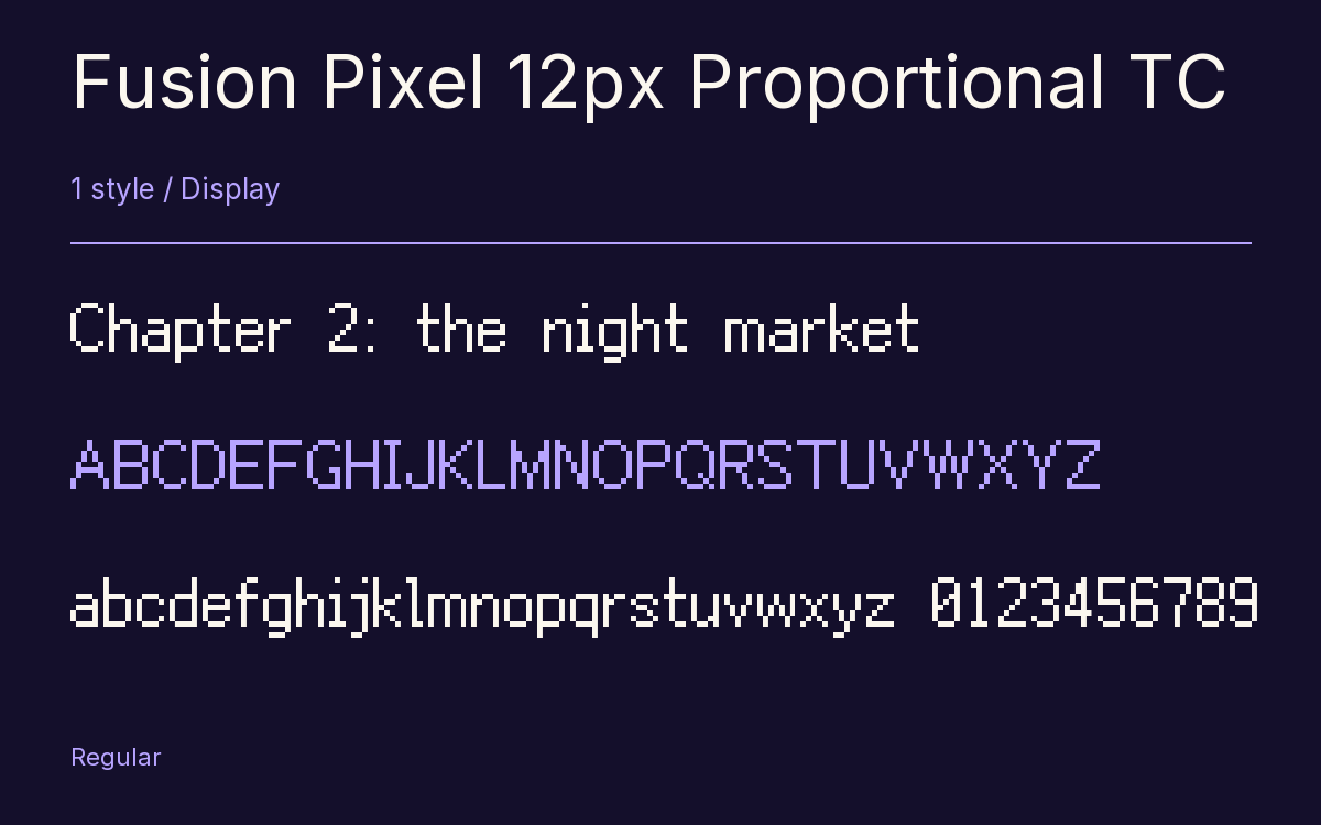 Fusion Pixel 12px Proportional TC type specimen with letters and figures