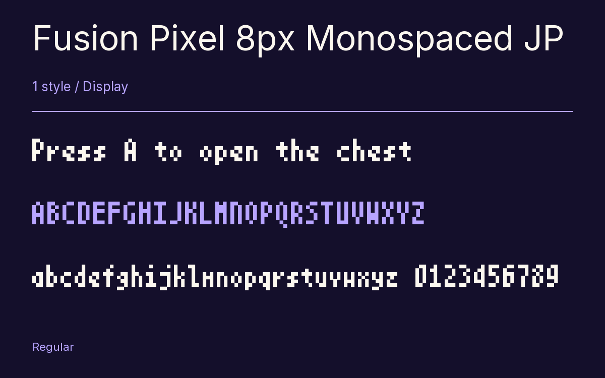 Fusion Pixel 8px Monospaced JP type specimen with letters and figures