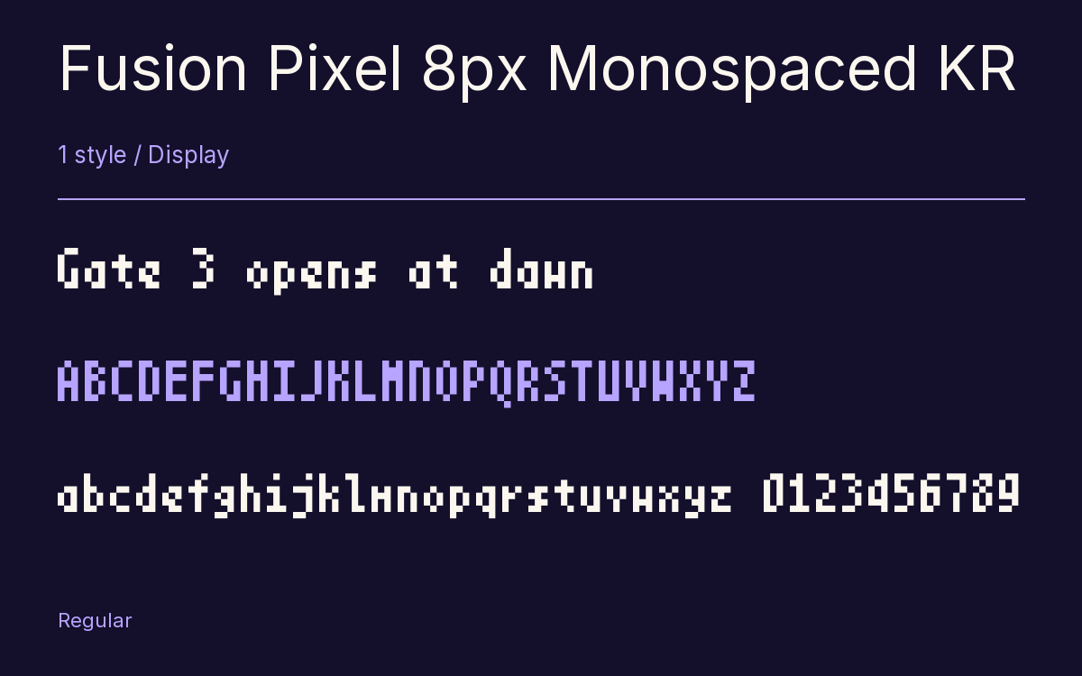 Fusion Pixel 8px Monospaced KR type specimen with letters and figures