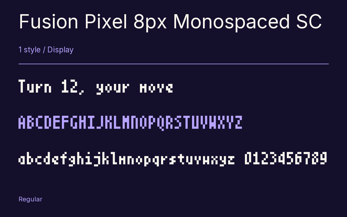 Fusion Pixel 8px Monospaced SC type specimen with letters and figures
