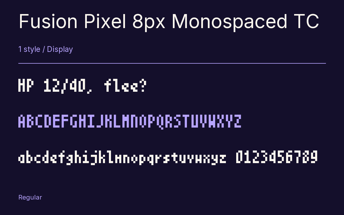 Fusion Pixel 8px Monospaced TC type specimen with letters and figures