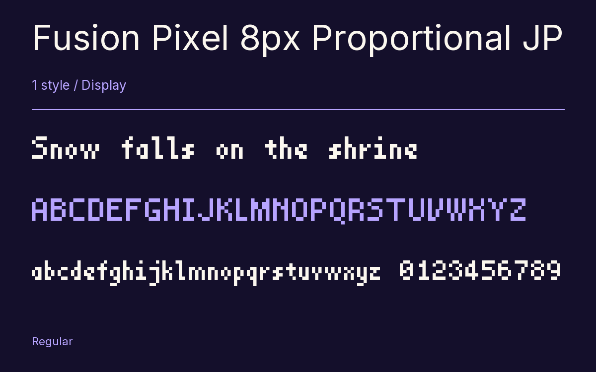 Fusion Pixel 8px Proportional JP type specimen with letters and figures