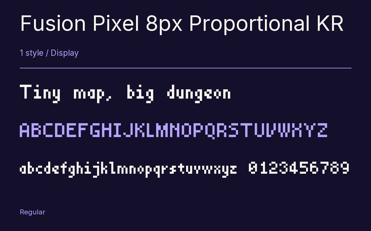 Fusion Pixel 8px Proportional KR type specimen with letters and figures