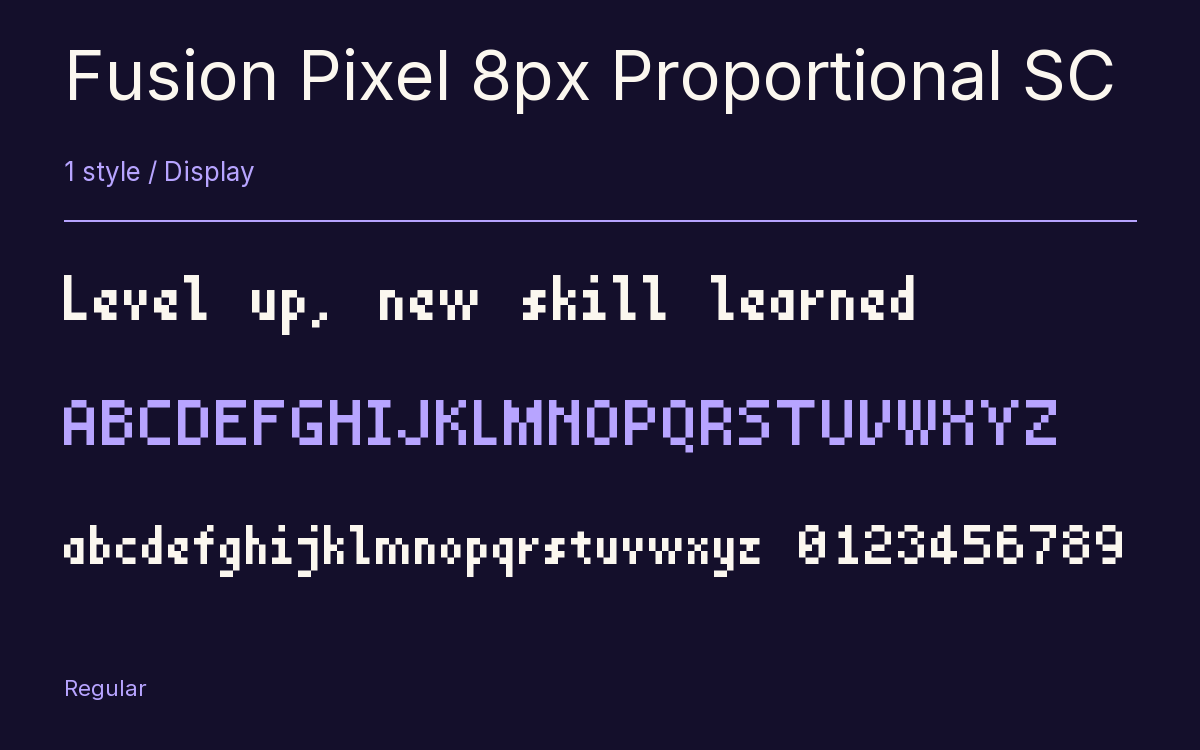 Fusion Pixel 8px Proportional SC type specimen with letters and figures