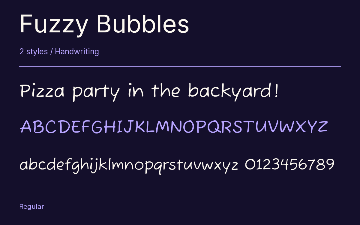 Fuzzy Bubbles type specimen with letters and figures