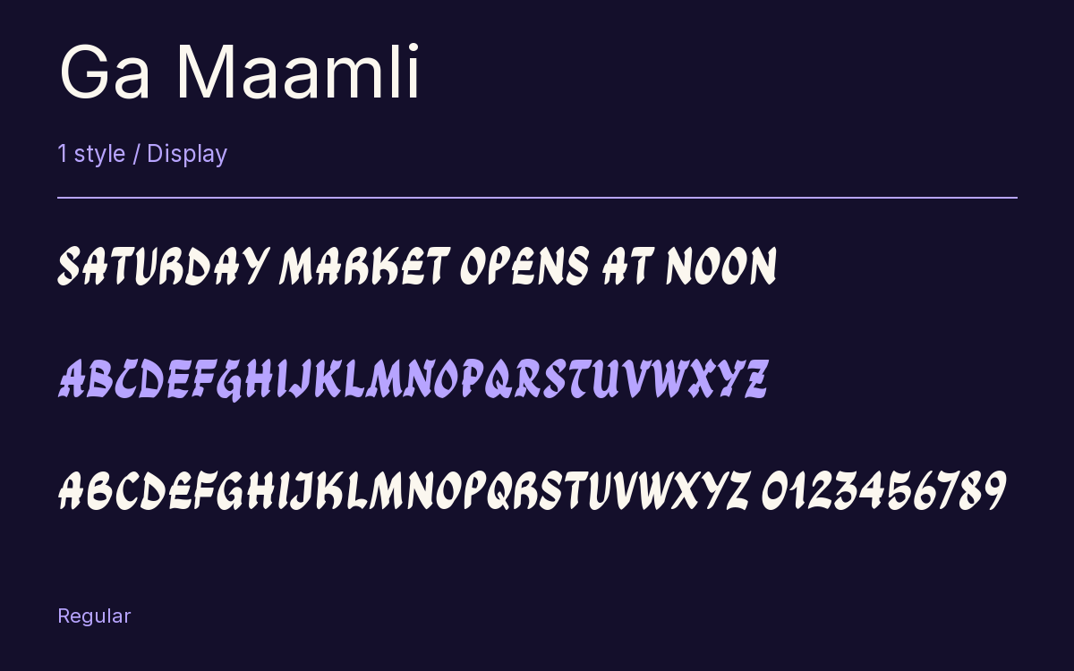 Ga Maamli type specimen with letters and figures
