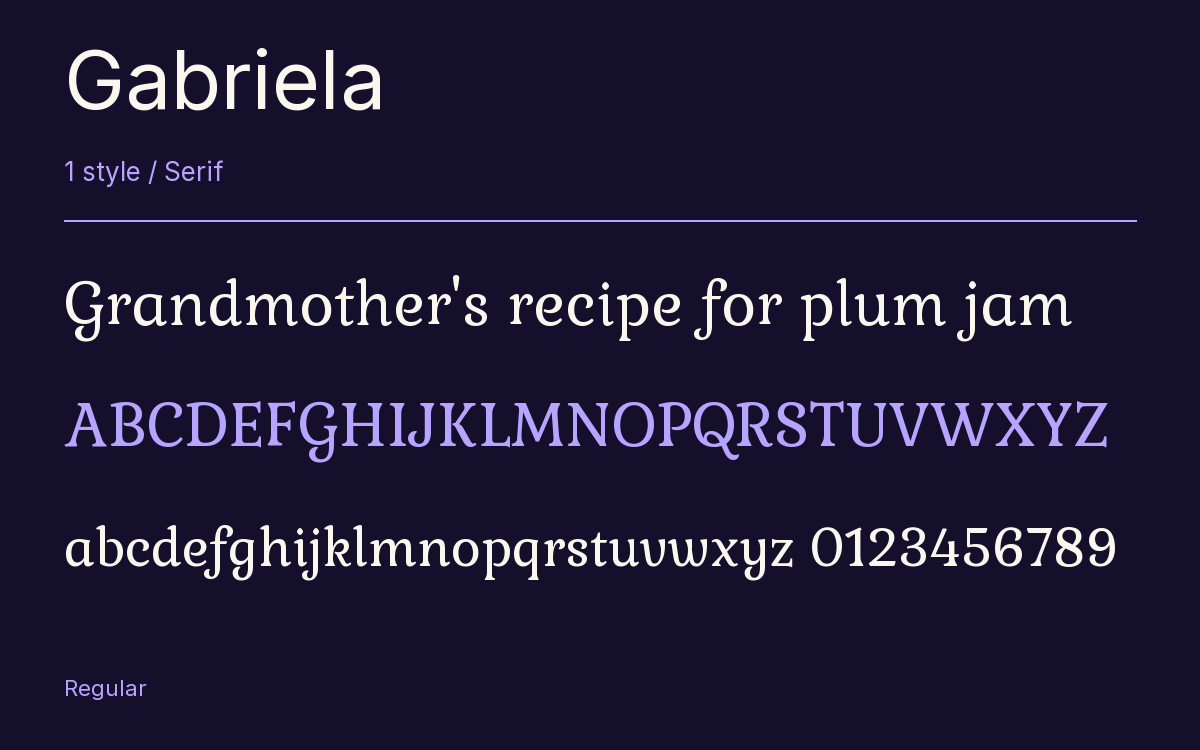 Gabriela type specimen with letters and figures
